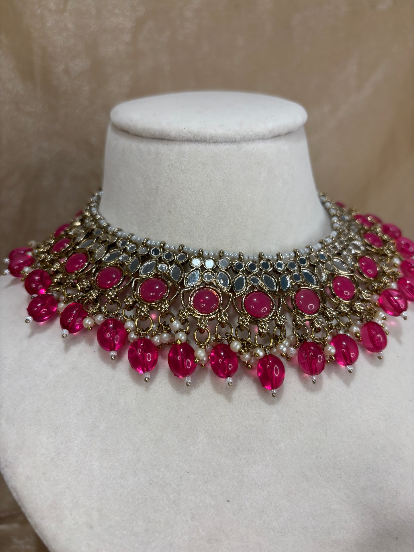 Hot pink mirror work necklace set