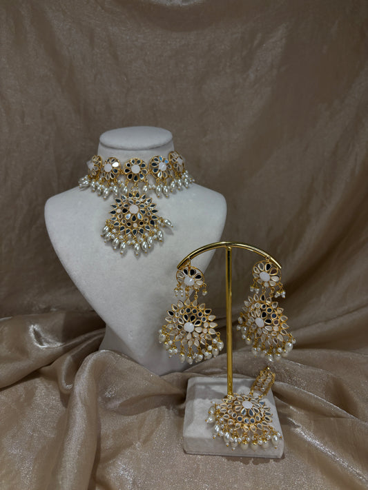 White mirror work choker set