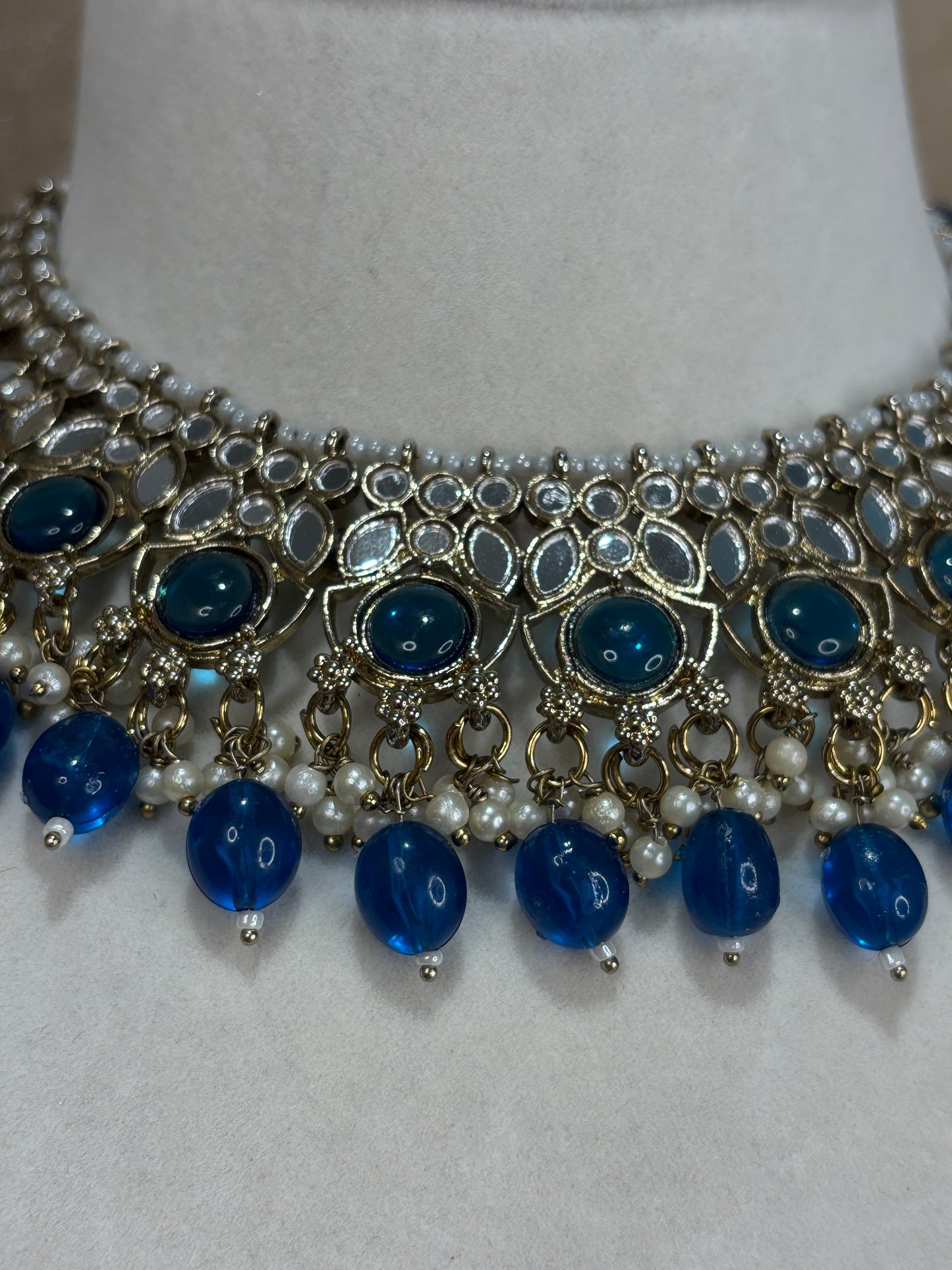 Royal blue mirror work necklace set