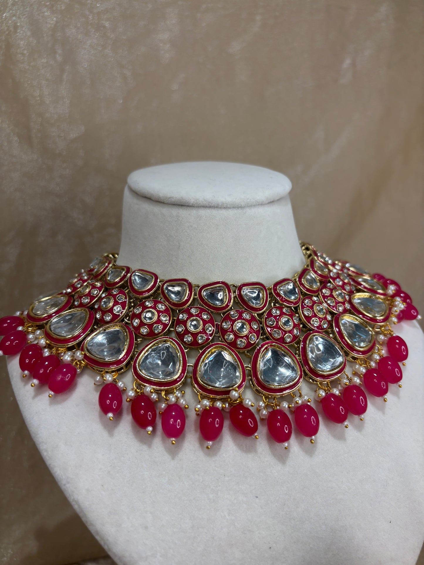 Hot pink uncut kundan necklace set