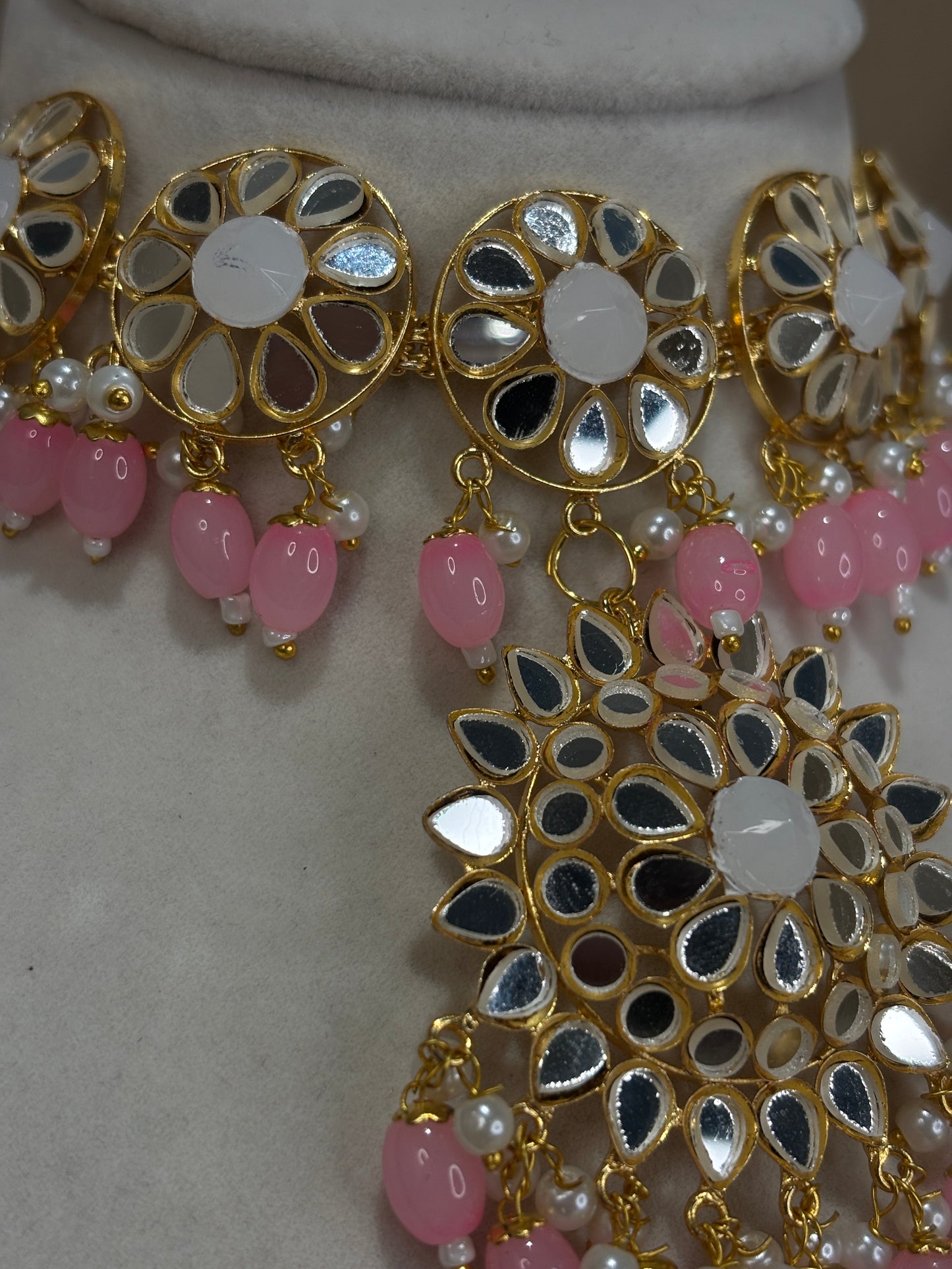 Baby pink mirror work choker set