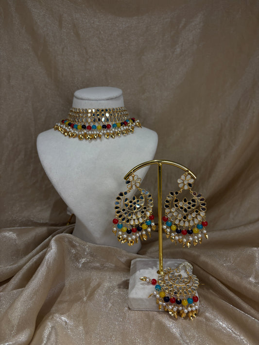 Multi-colour mirror work choker set