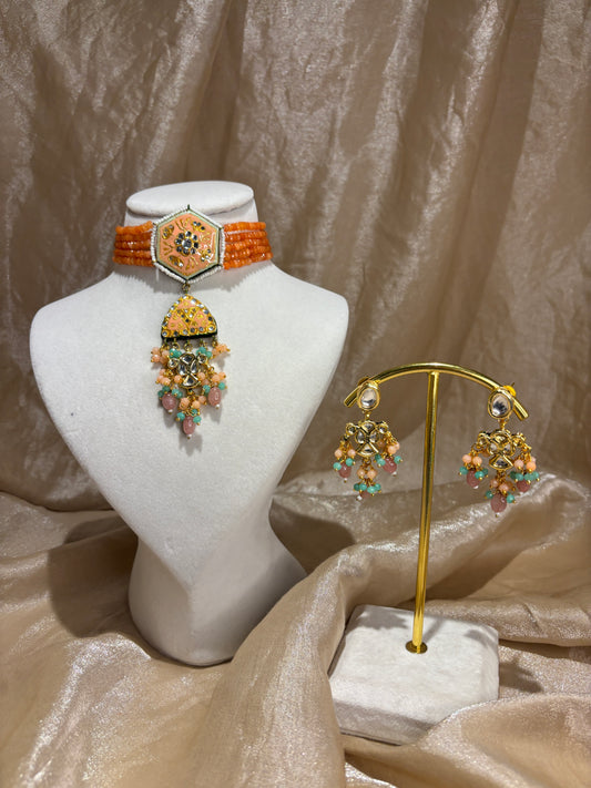 Orange and mint green choker set