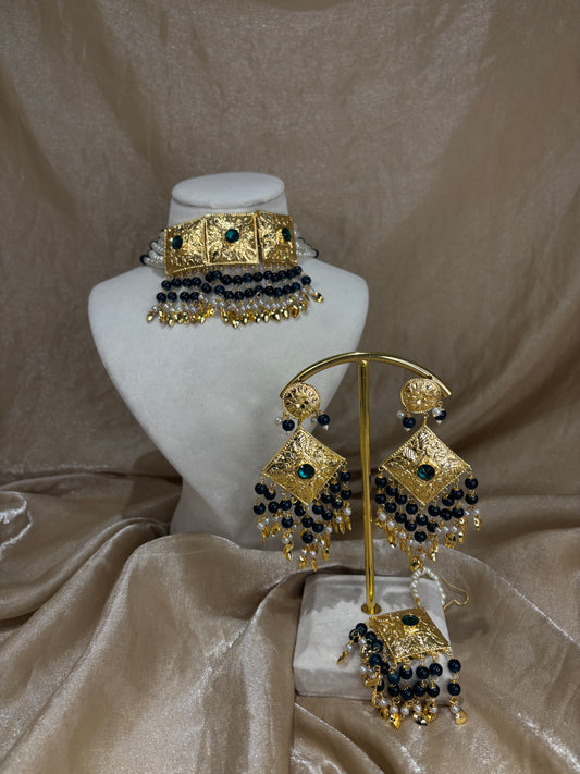 Green/dark teal jadau choker set