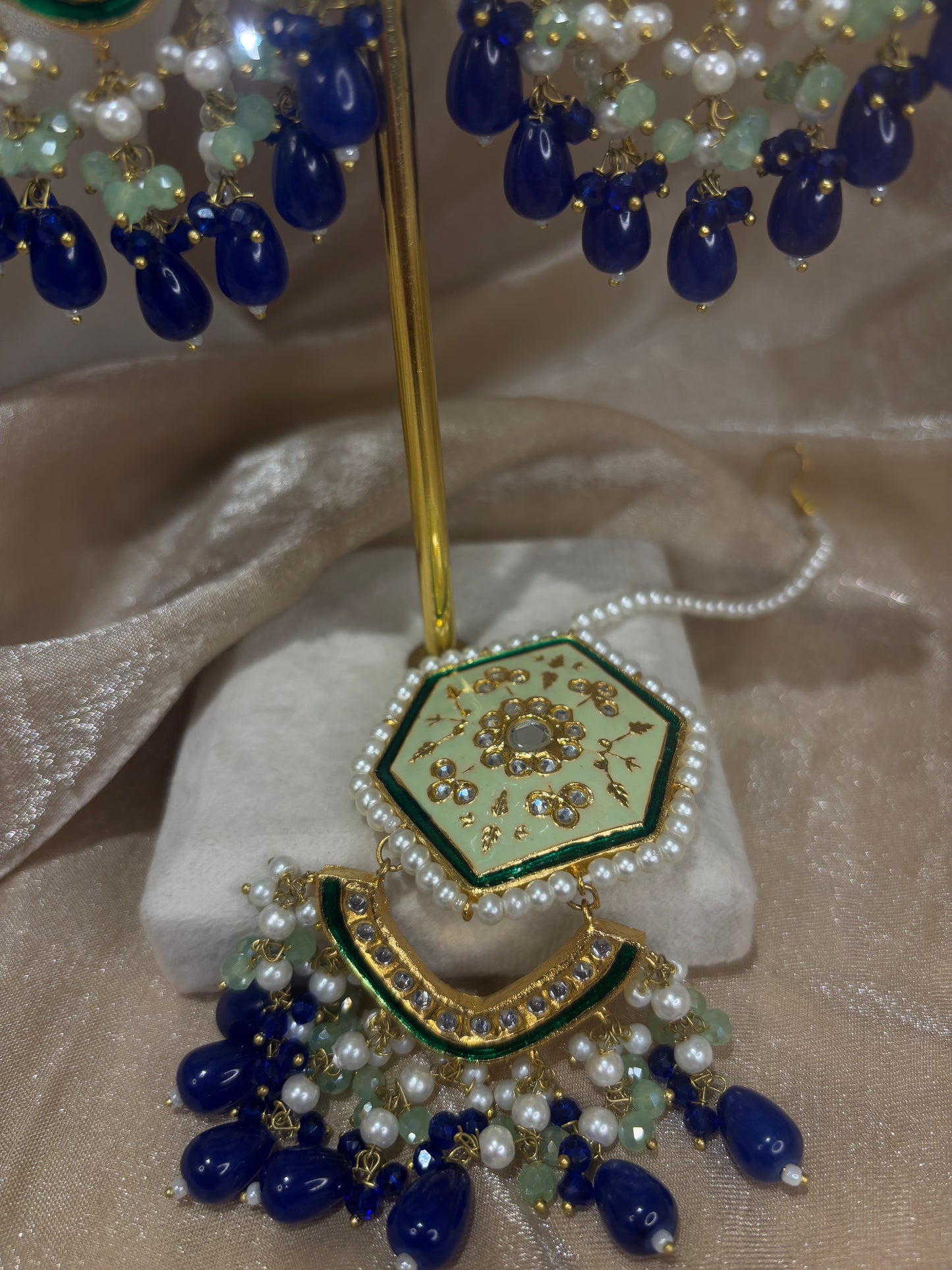 Royal blue and mint green thappa kundan set