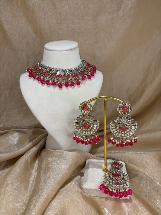 Hot pink mirror work necklace set