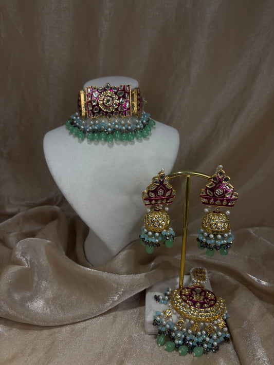 Hot pink and mint green thappa kundan