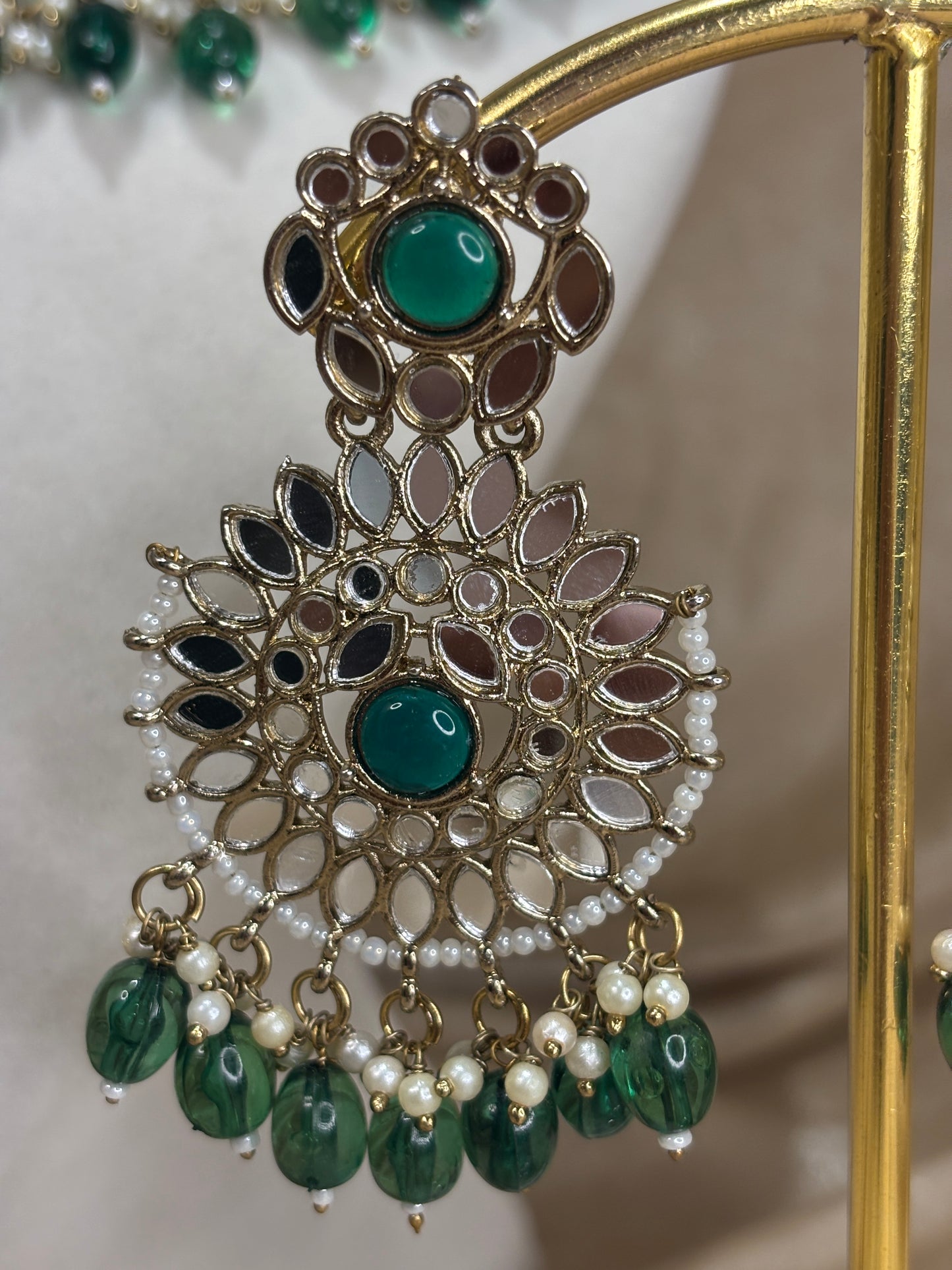 Emerald green mirror work necklace set