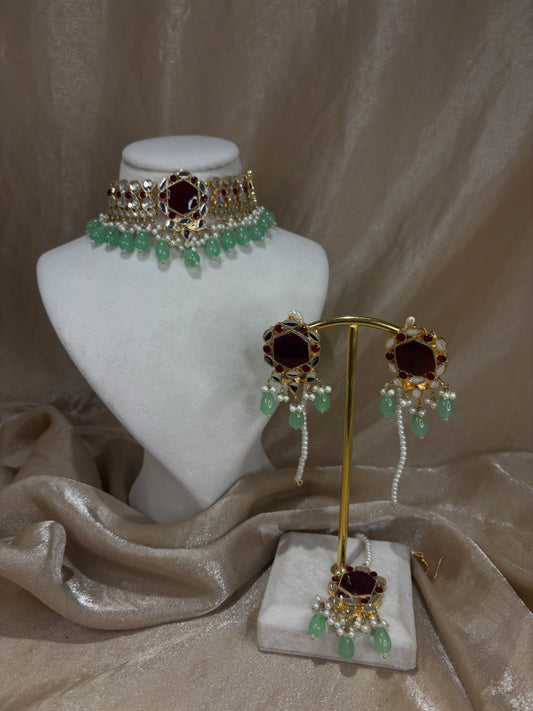 Maroon and mint green Farshi kundan set