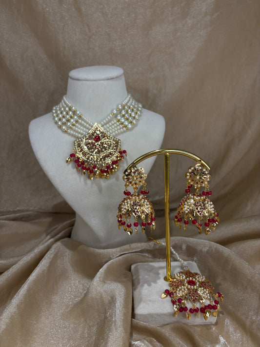 Red jadau necklace set