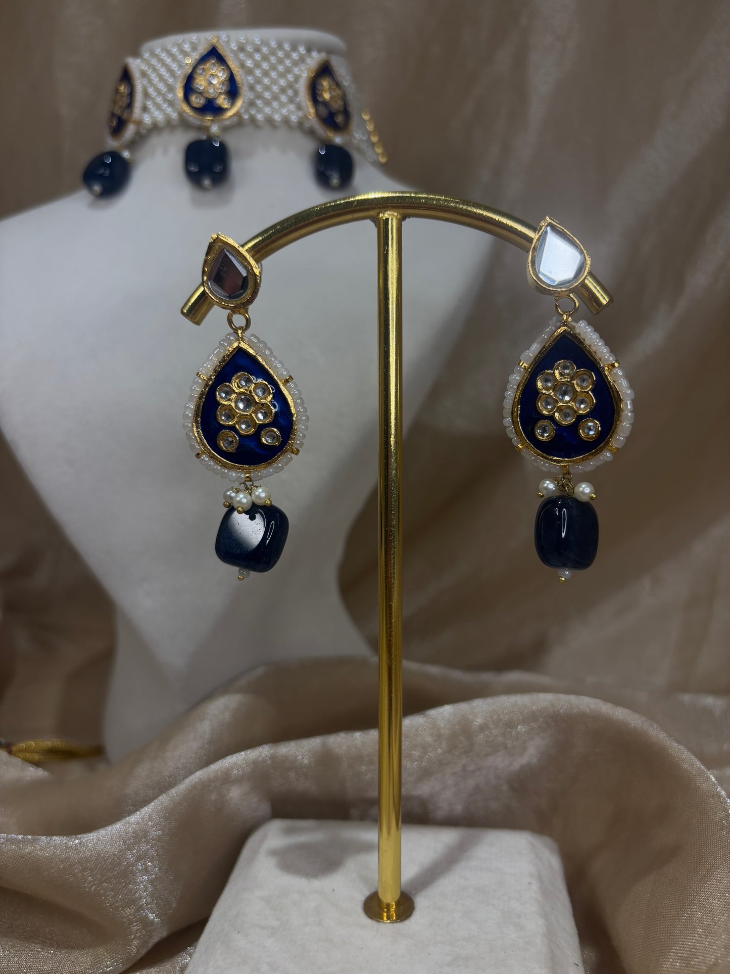 Royal blue thappa kundan set