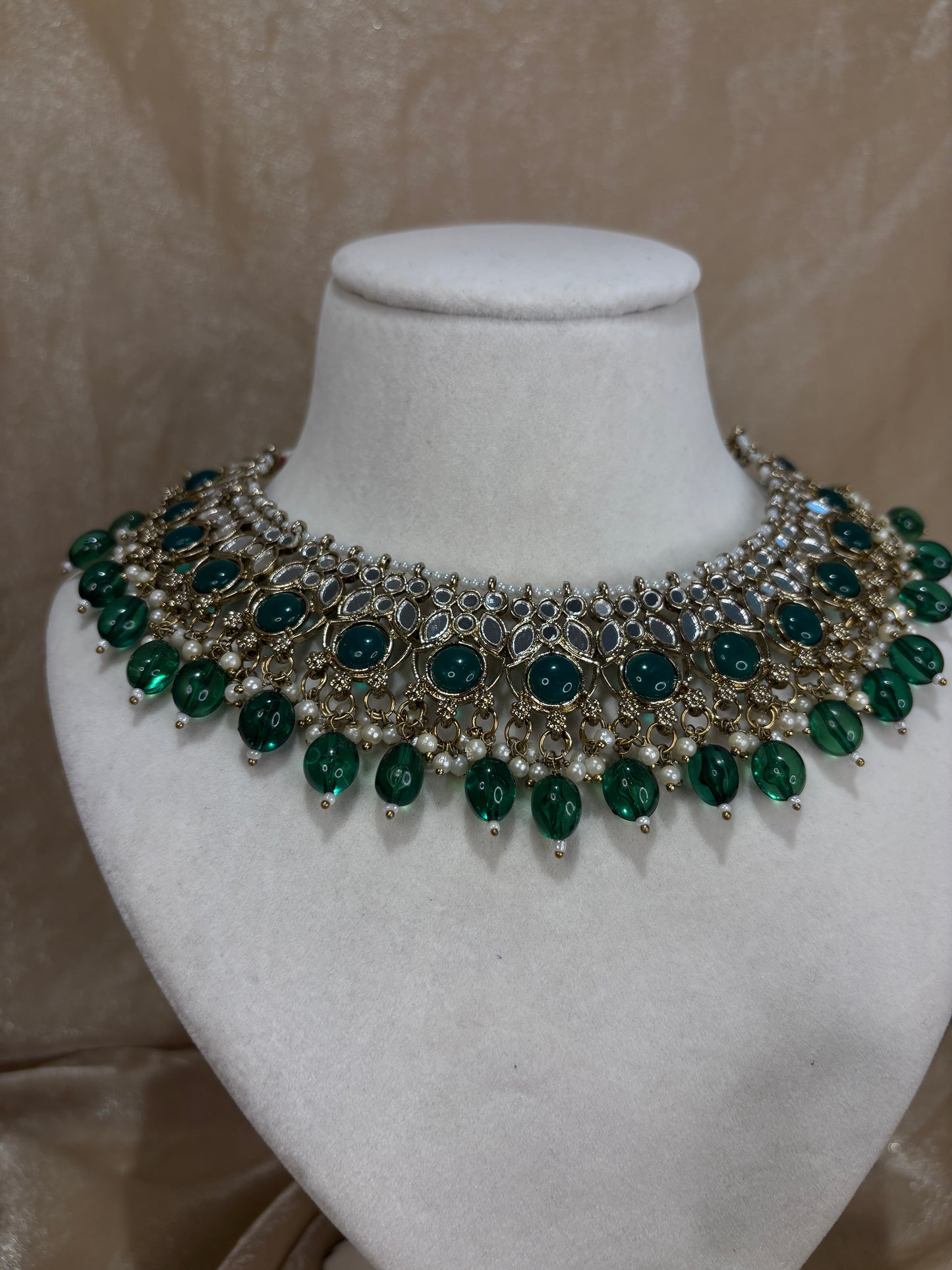 Emerald green mirror work necklace set