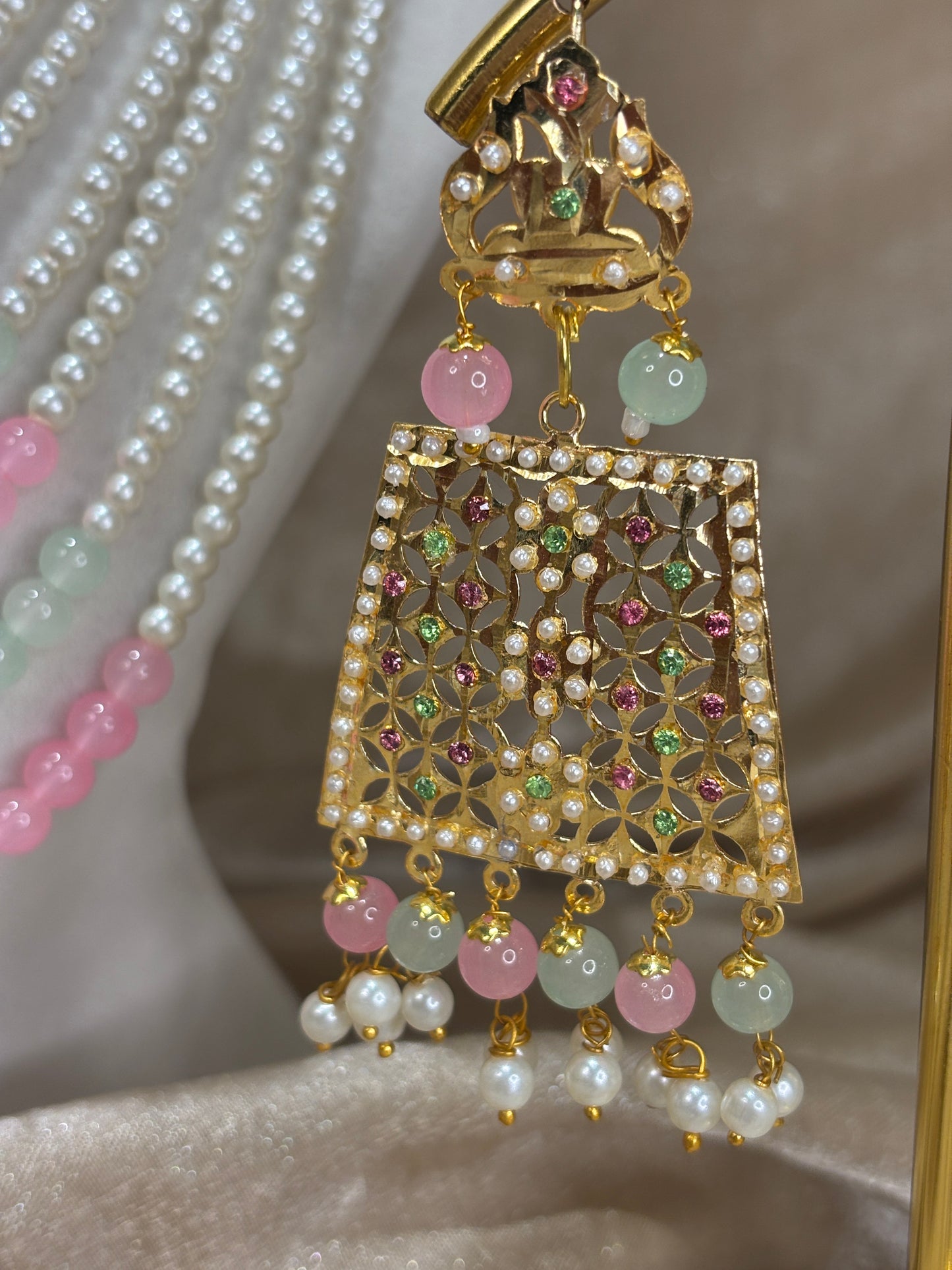 Mint green/baby pink jadau necklace set