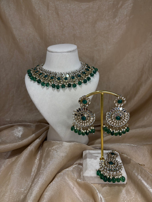 Emerald green mirror work necklace set