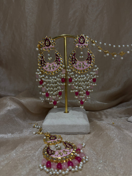 Light pink and hot pink thappa kundan earring/tikka set