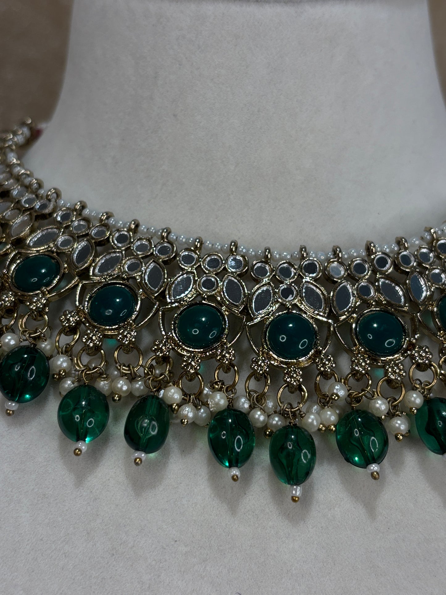 Emerald green mirror work necklace set