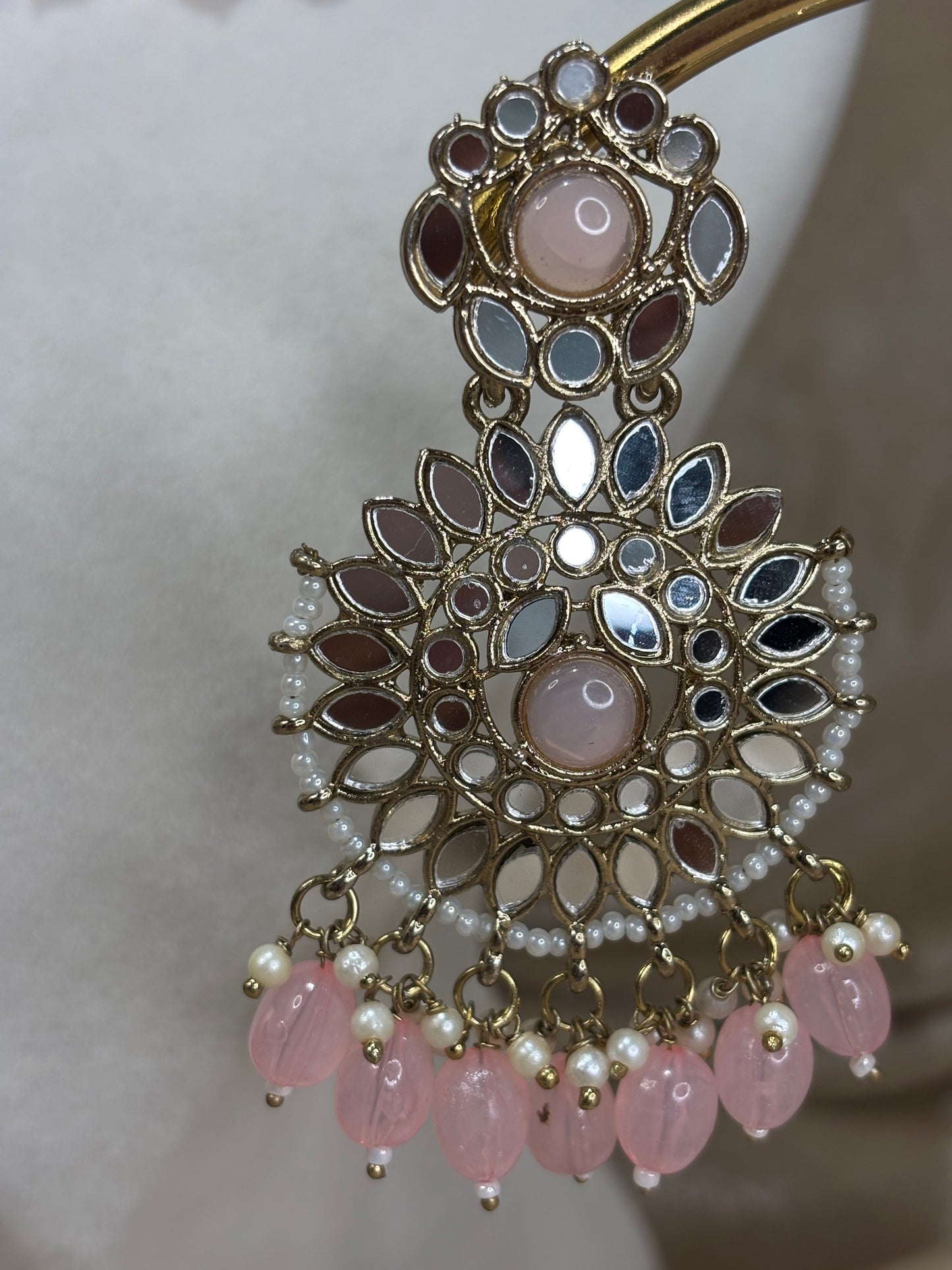 Baby pink mirror work necklace set