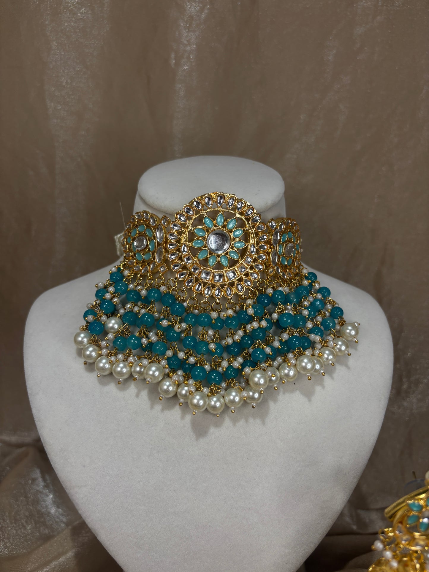 Sky blue kundan choker set