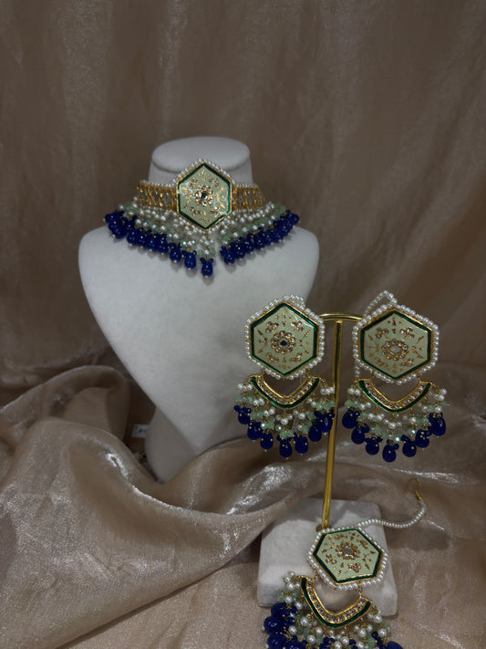 Royal blue and mint green thappa kundan set