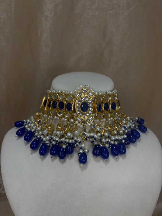 Heavy royal blue thappa kundan choker