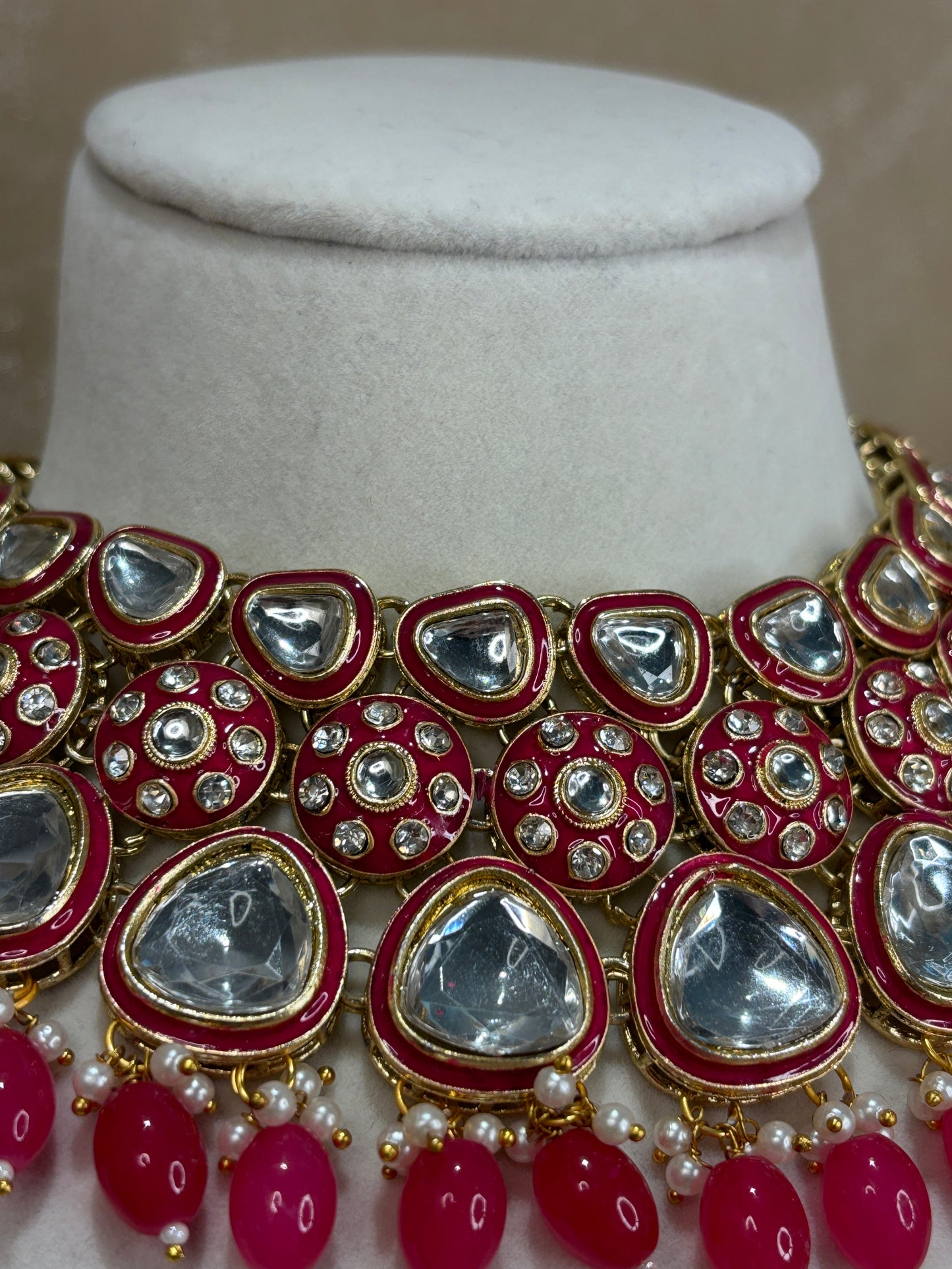 Hot pink uncut kundan necklace set