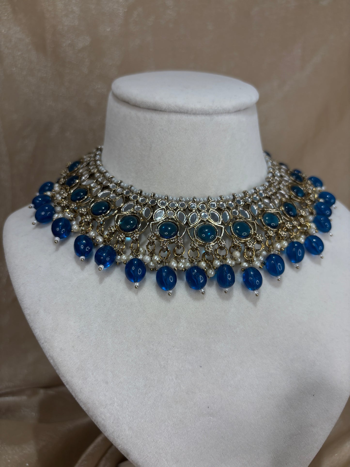 Royal blue mirror work necklace set