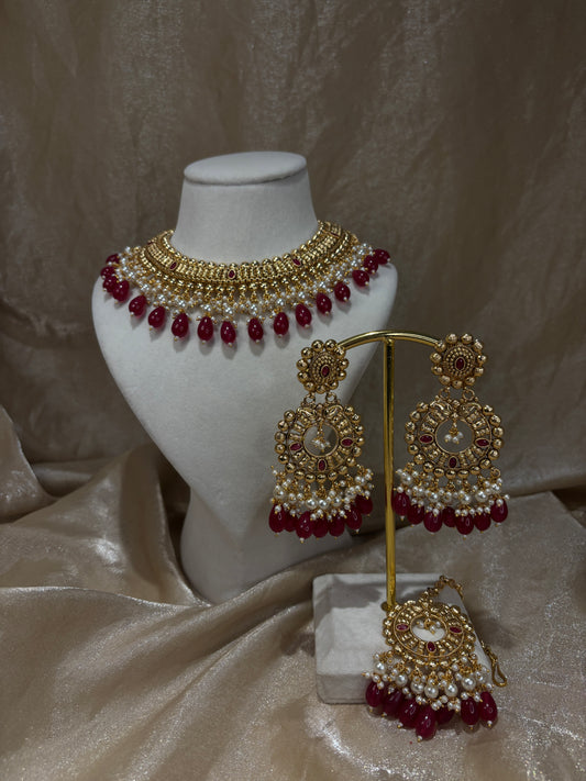 Maroon antique gold necklace set