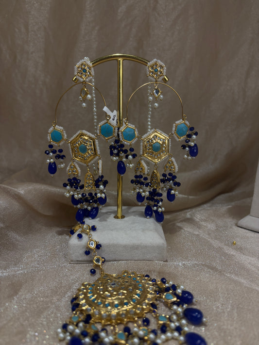 Royal blue/light blue thappa kundan earring/tikka