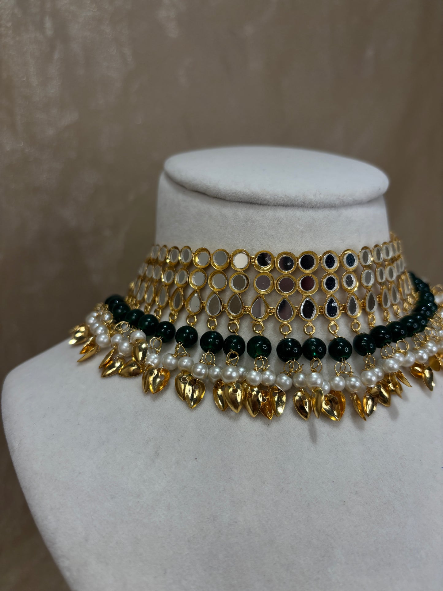 Emerald green mirror work choker set