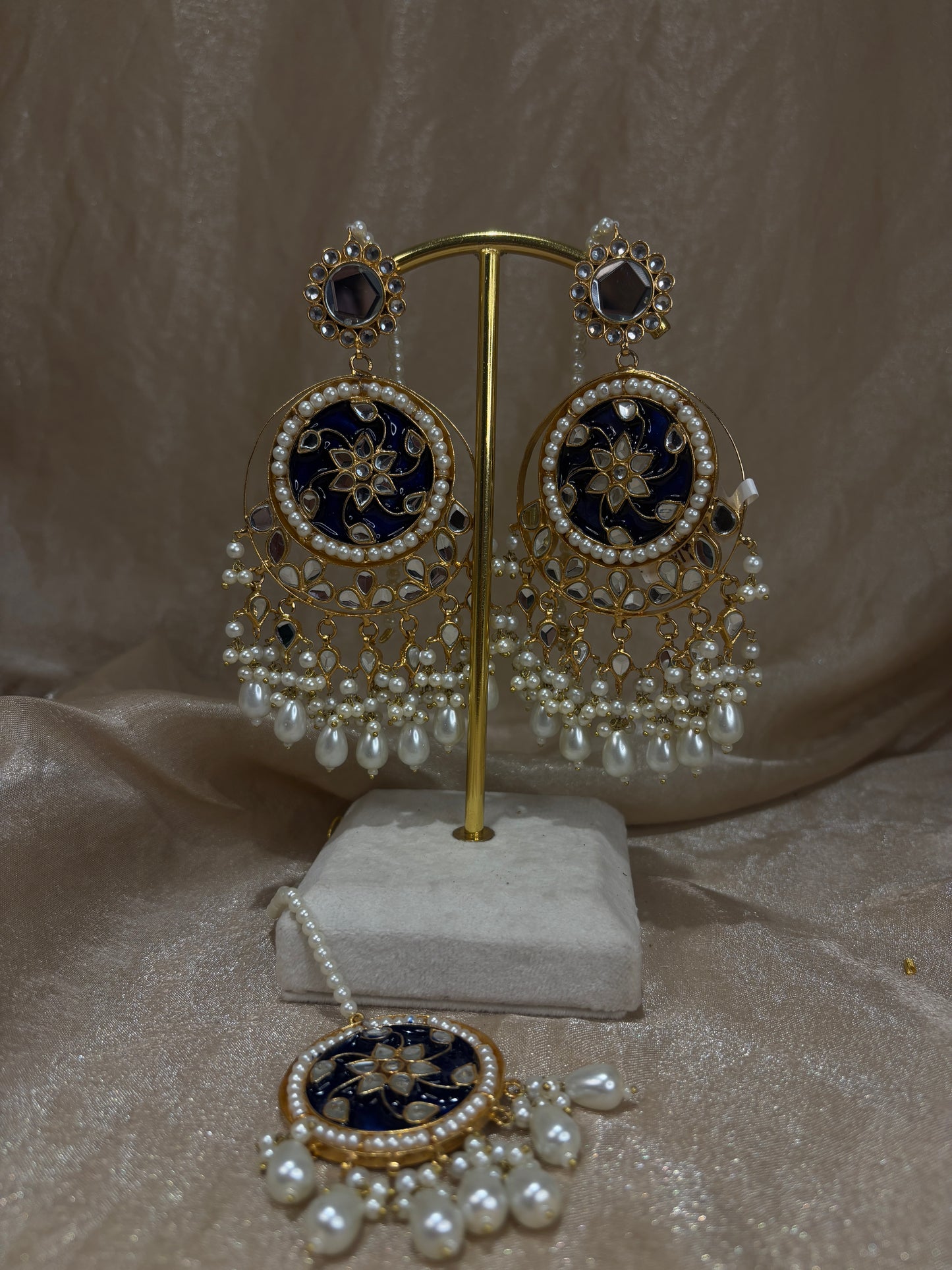 Navy blue farshi kundan earring/tikka set