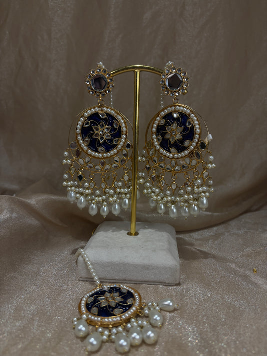 Navy blue farshi kundan earring/tikka set
