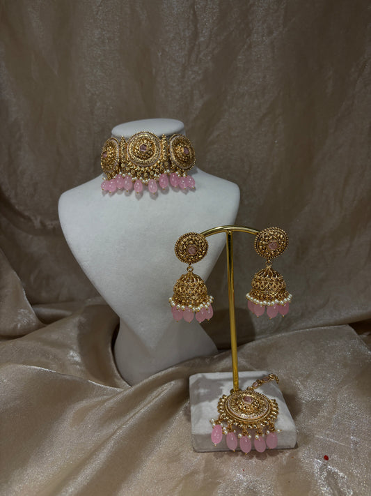 Baby pink antique gold choker set