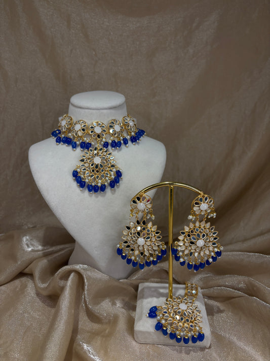 Royal blue mirror work choker set