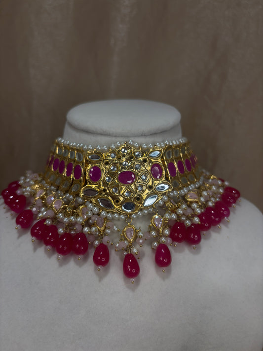 Hot pink thappa kundan choker