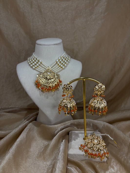 Orange jadau necklace set
