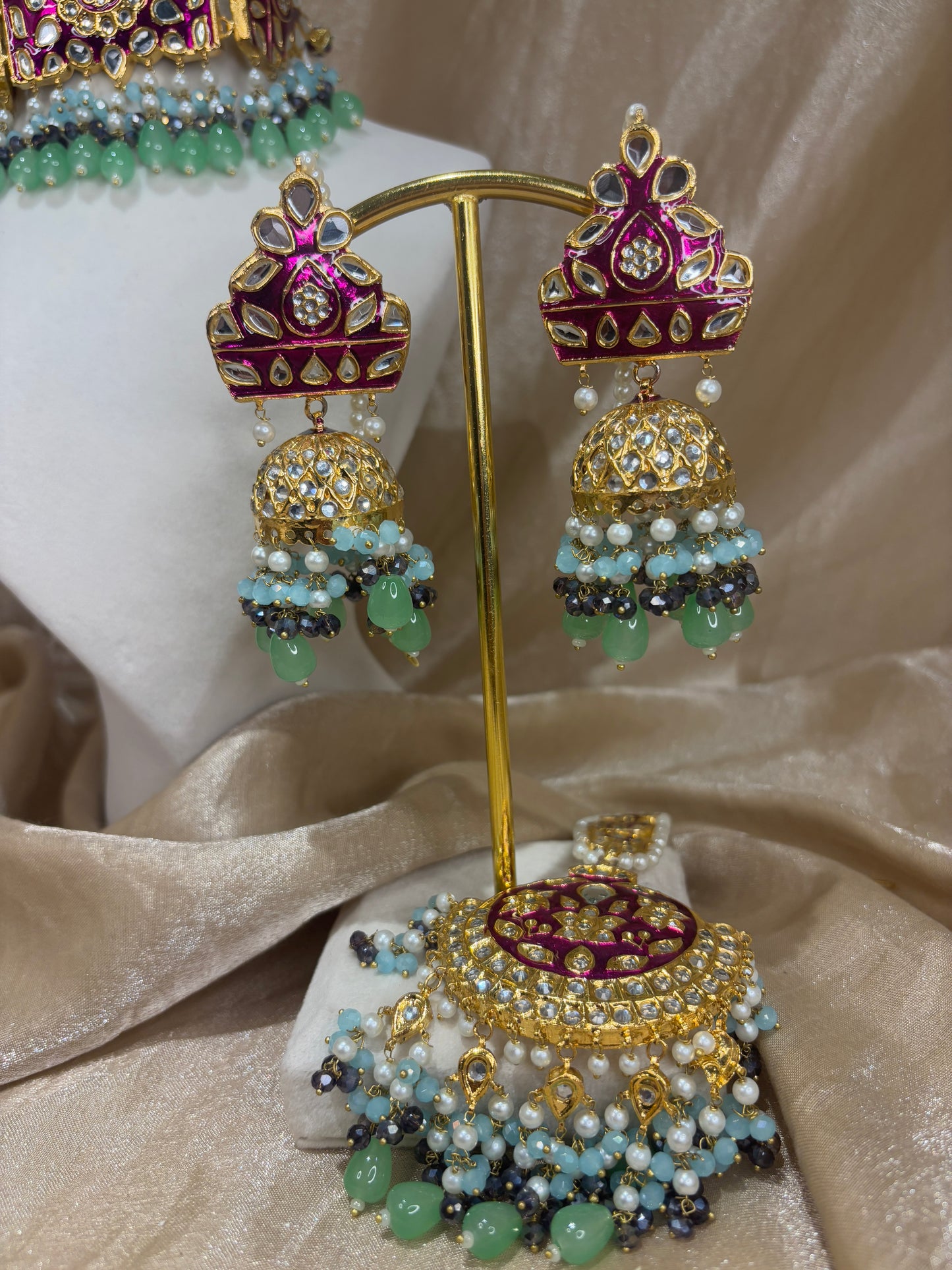 Hot pink and mint green thappa kundan