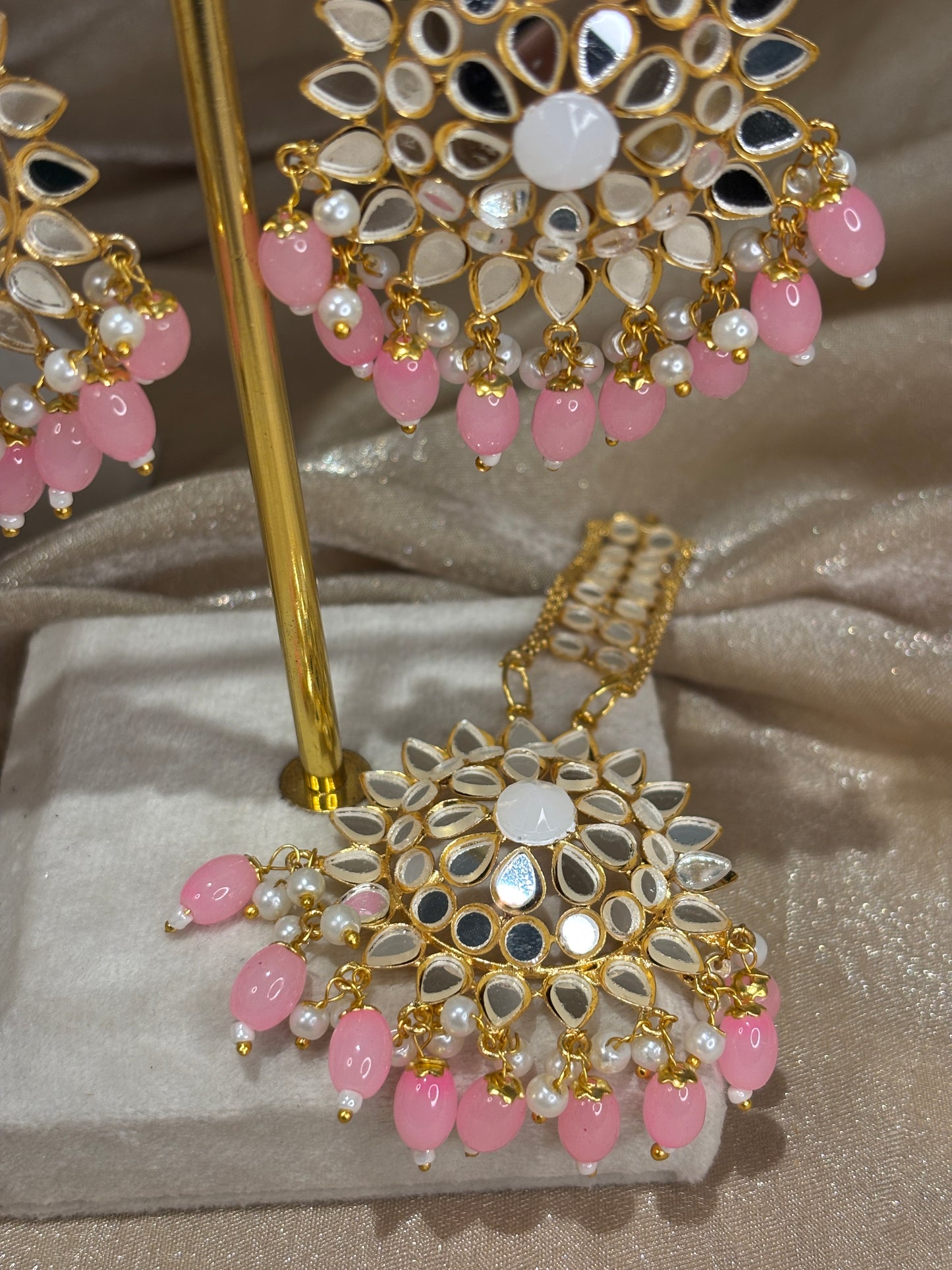 Baby pink mirror work choker set