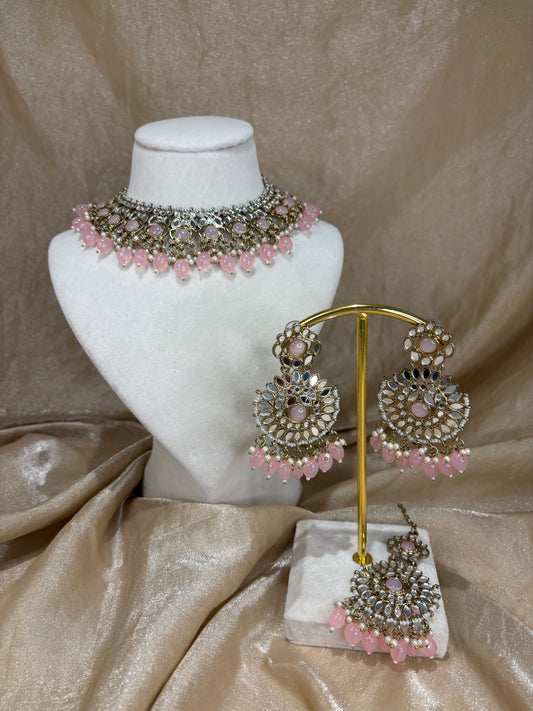 Baby pink mirror work necklace set