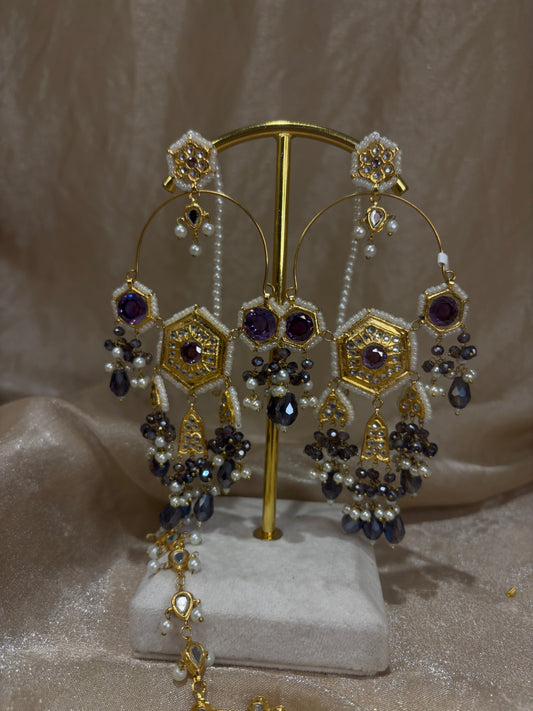Lavender thappa kundan earring/tikka set