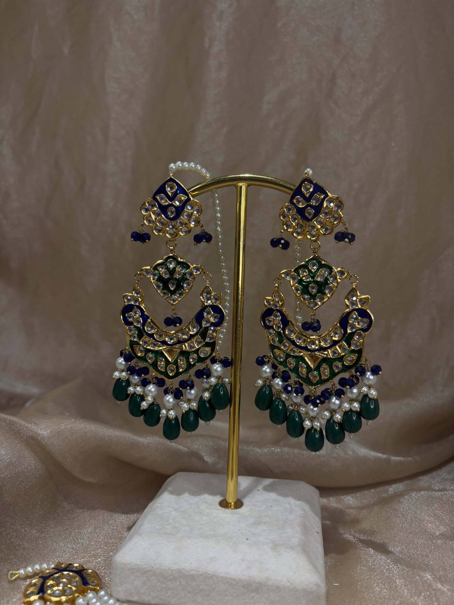 Navy blue/emerald green thappa kunda earring/passa set