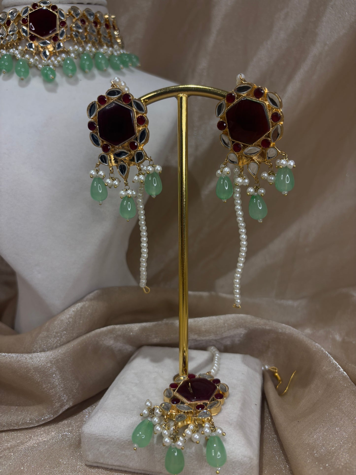 Maroon and mint green Farshi kundan set