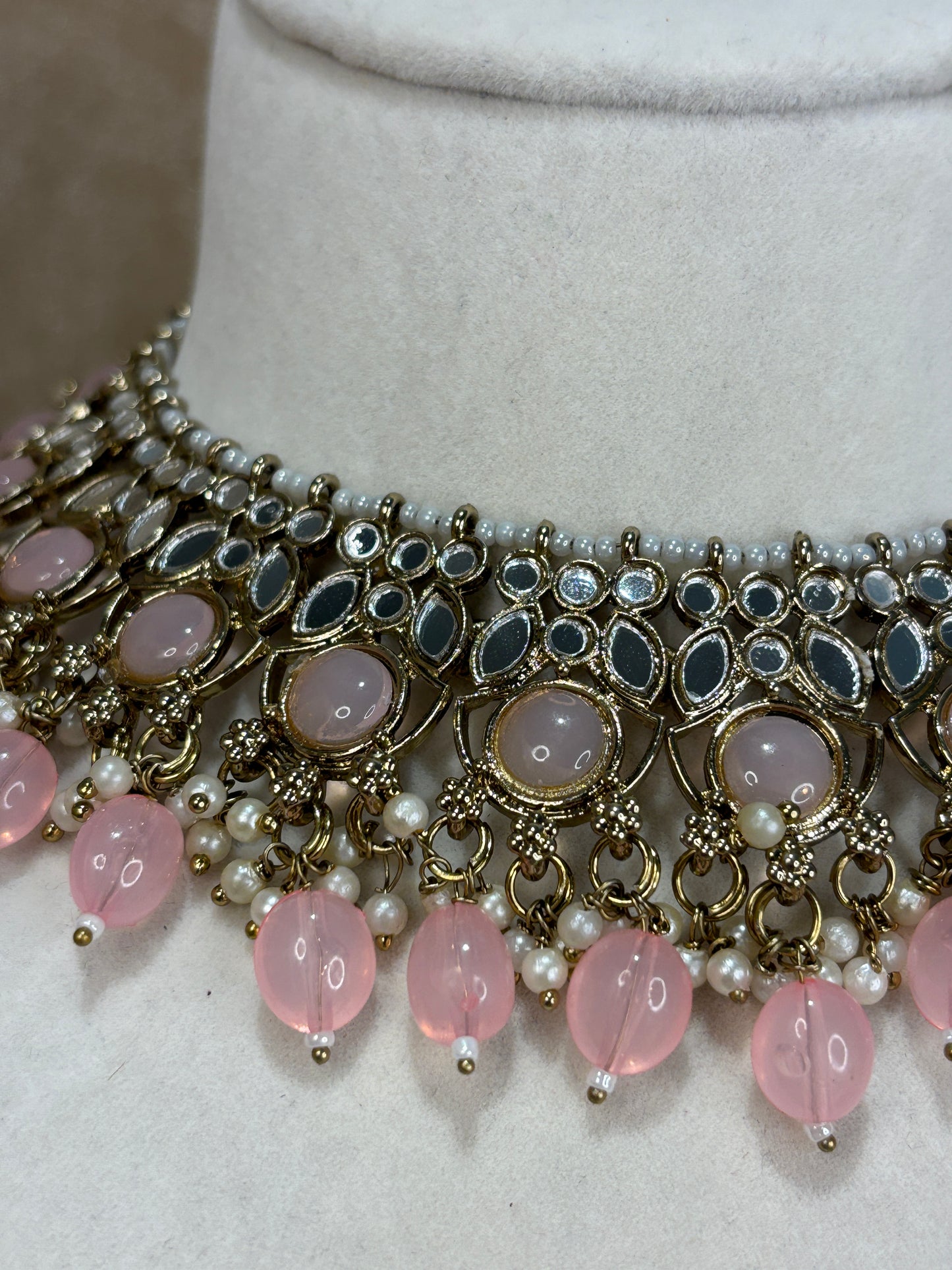 Baby pink mirror work necklace set