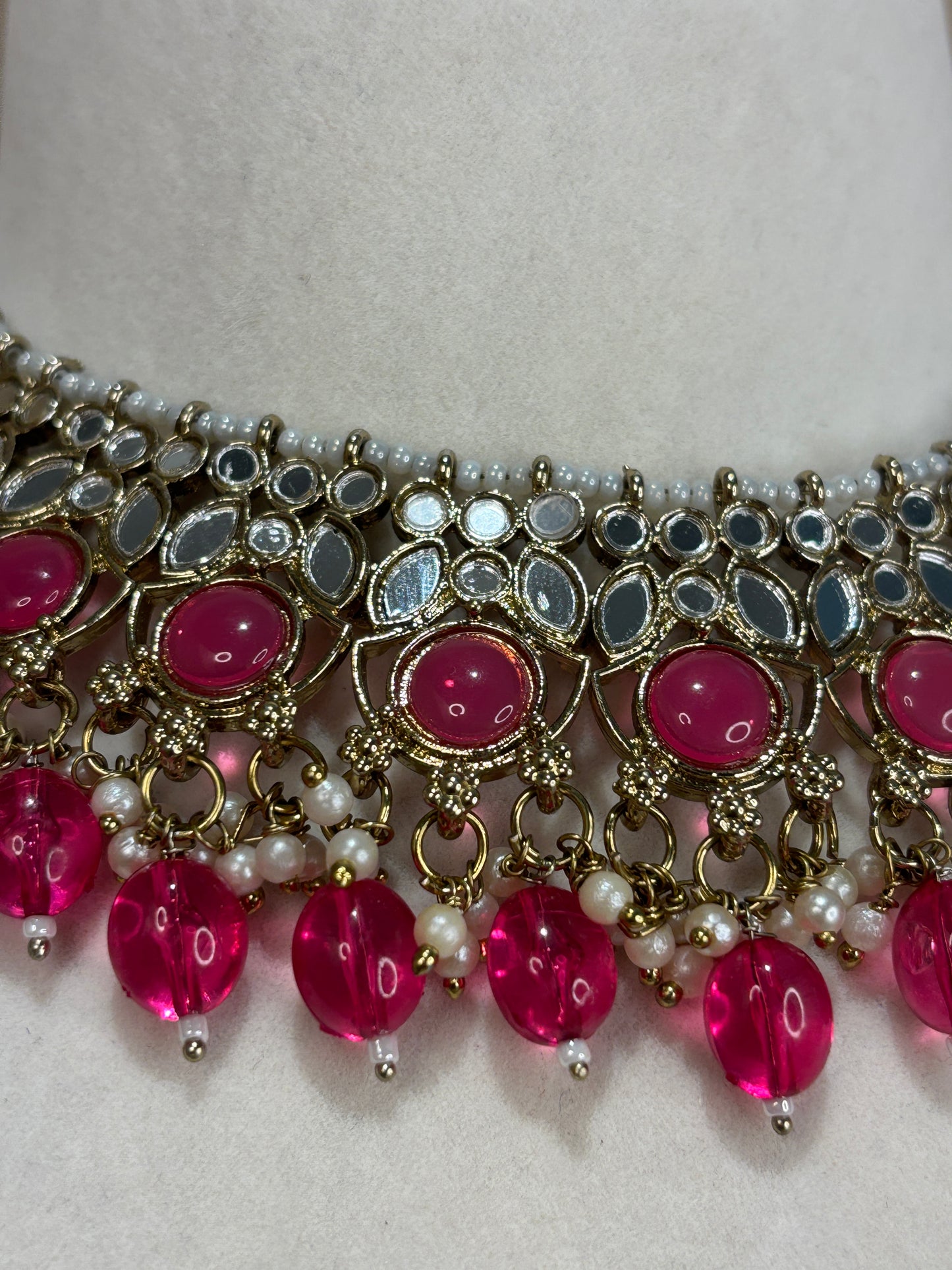 Hot pink mirror work necklace set