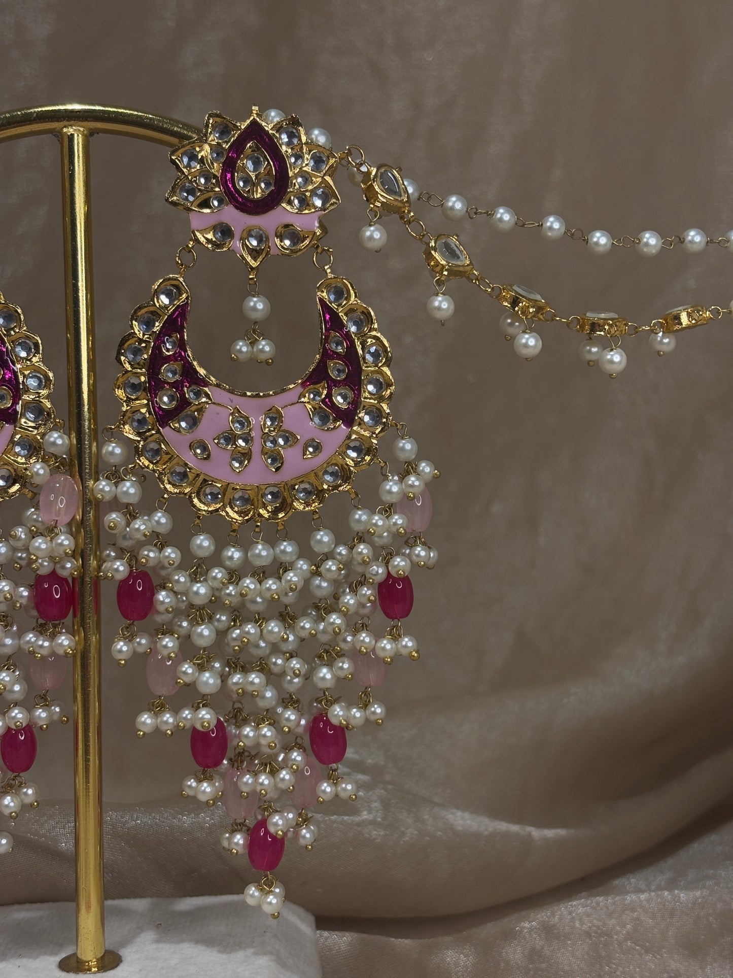 Light pink and hot pink thappa kundan earring/tikka set