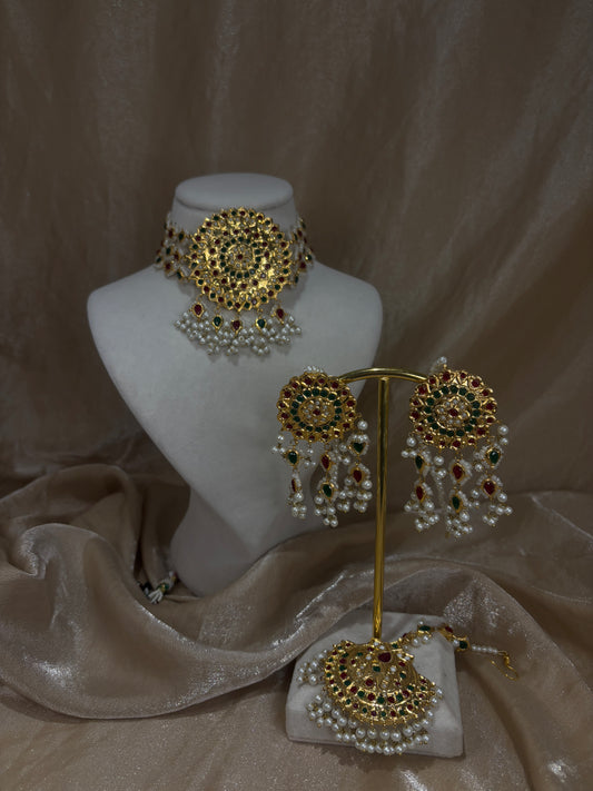 Multi-colour gold thappa kundan set