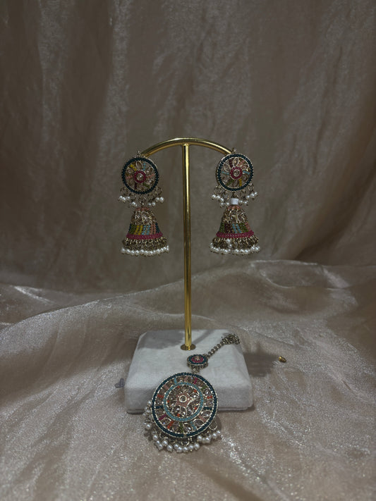 Multi-colour jhumki/tikka set