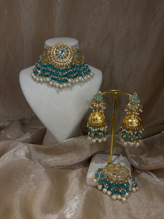 Sky blue kundan choker set