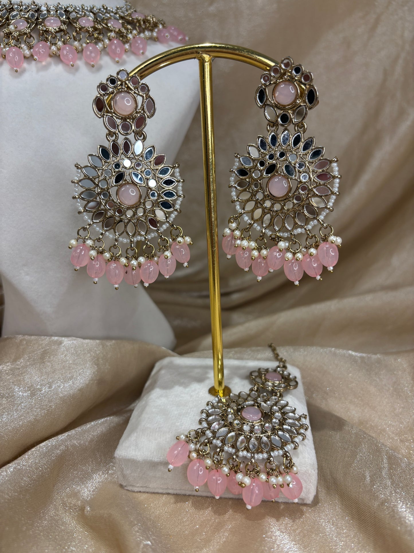 Baby pink mirror work necklace set