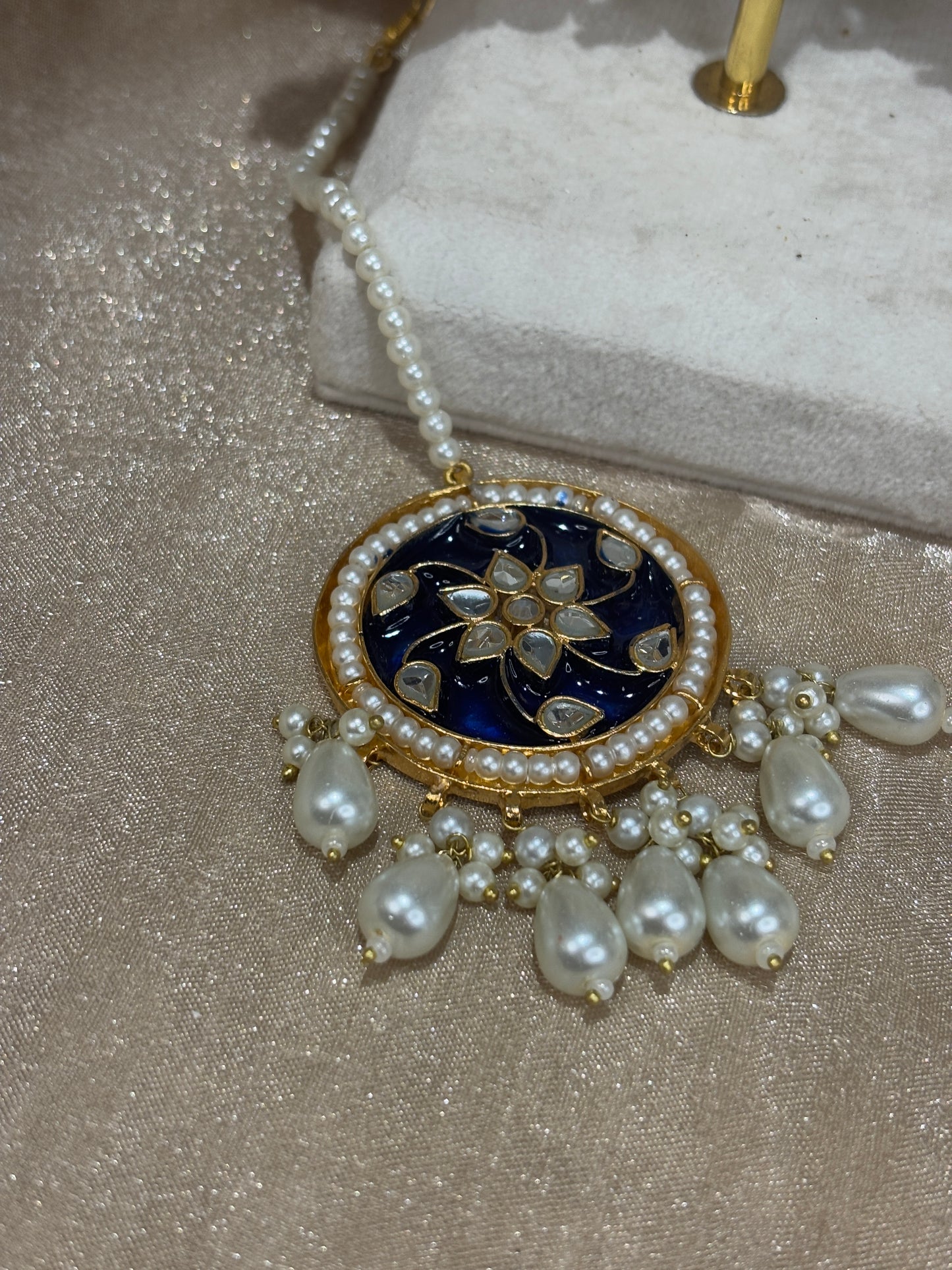 Navy blue farshi kundan earring/tikka set