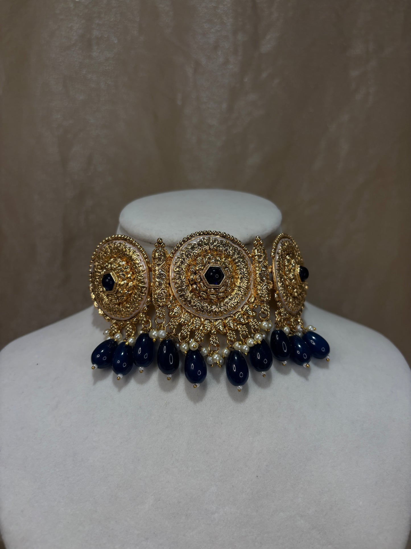 Navy blue antique gold choker set